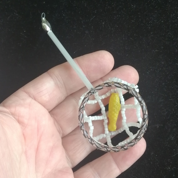 beaded fishing net Czech Vintage Glass Bead Fishing Net Christmas Ornament Lampwork Yellow Fish