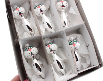 6 glas silver katt julgransdekorationer