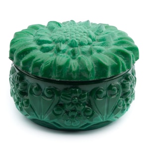 Vintage malachite green glass sunflower jewelry vanity powder box Czech