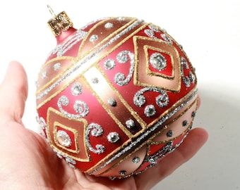 4 Czech blown glass Christmas ornaments decorations red gold XL