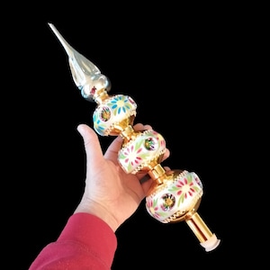 Blown glass indent reflector Christmas tree topper gold 16&quot; X large handmade in Czech