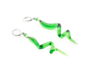 Pair lampwork glass bead green spiral earrings