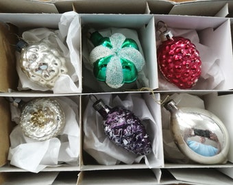 6 Antique vintage Czech blown mercury glass mini Christmas ornaments