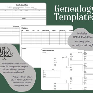May include: Genealogy templates with family data sheets and pedigree charts. Includes spaces for occupations, religion, children, siblings, spouses, cemeteries, and notes. The templates are available in PDF and PNG files.