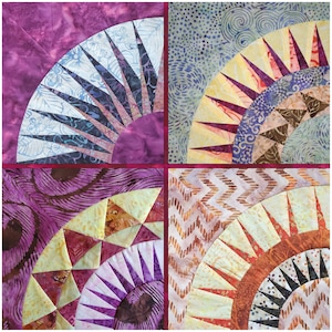 以下が含まれることがあります： 4つのセクションを持つパッチワークキルト。各セクションは、半円形のサンバーストデザインを表示しています。キルトは、紫、黄、オレンジ色の生地を使用し、詳細なパターンがあります。デザインは生地で作られています。
