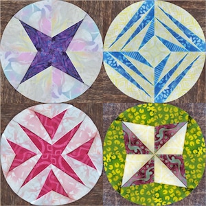 May include: Four fabric circles with different geometric patterns. The top left circle has a purple star on a white background with pink and yellow accents. The top right circle has a blue diamond pattern on a yellow background. The bottom left circle has a pink star on a white background with red accents. The bottom right circle has a green background with a yellow star and red accents.