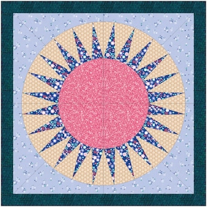 Könnte beinhalten: Ein Quiltblock mit einem pinkfarbenen Kreis in der Mitte, umgeben von einem beige-blauen Sternmuster. Der Hintergrund ist hellblau mit einem weißen Schneeflockenmuster.
