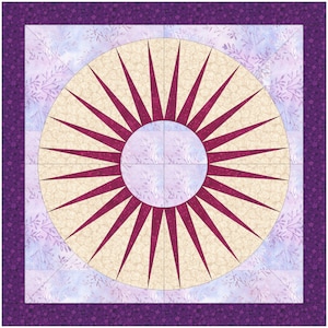 Könnte beinhalten: Ein Quiltblock mit einem Sternenausbruch-Design in den Farben Burgunderrot und Creme. Der Hintergrund ist helllila mit einem Blumenmuster.