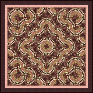 Peut inclure: Une courtepointe marron et rose avec un motif répétitif de cercles et de volutes. La courtepointe est faite de tissu à imprimé floral.
