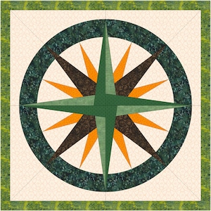Peut inclure: Un bloc de courtepointe en forme de rose des vents, avec des couleurs vert, orange et marron, sur fond blanc et bordure verte.