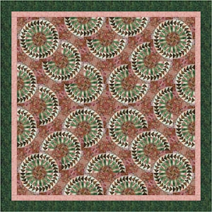 Puede incluir: Una colcha con un patrón repetitivo de círculos verdes, marrones y rosas. Los círculos están hechos de triángulos más pequeños y están dispuestos en un patrón ondulado.