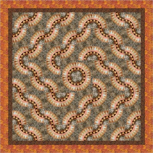 Può includere: Una trapunta con un motivo geometrico di forme curve marroni, arancioni e bianche. La trapunta è composta da molti quadrati più piccoli, ognuno con un motivo diverso.