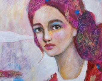 Abstract Woman Face Portrait Painting Original Art 12x12x1.5" Professional Canvas