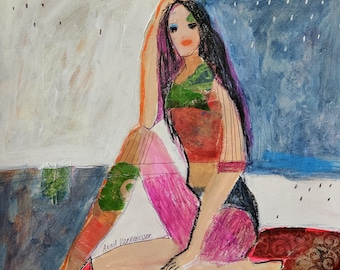 Woman Figure  Figurative Portrait Painting Original Mixed Media Art, 17x14"