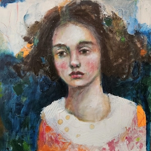 Abstract Woman Portrait Painting: Original Feminist Art, 16x16 Collage