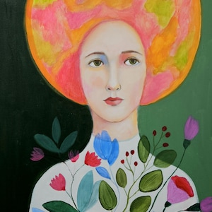 Abstract Face Painting: Floral Portrait, Original Acrylic Artwork (20x16x1.5)