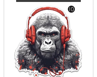Gorilla with Headphones Sticker: Waterproof Vinyl Die Cut