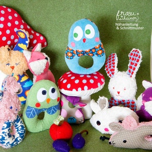 Baby Rassel 4 Designs Hase, Maus, Eule, Fuchs, Säugling Greifling, Schnittmuster und Nähanleitung Bild 4