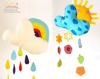Spieluhr und Mobile Wolke mit Regenbogen, Regentropfen, Sternen, Blumen und Schneeflocken, Babyausstattung, Schnittmuster und Nähanleitung