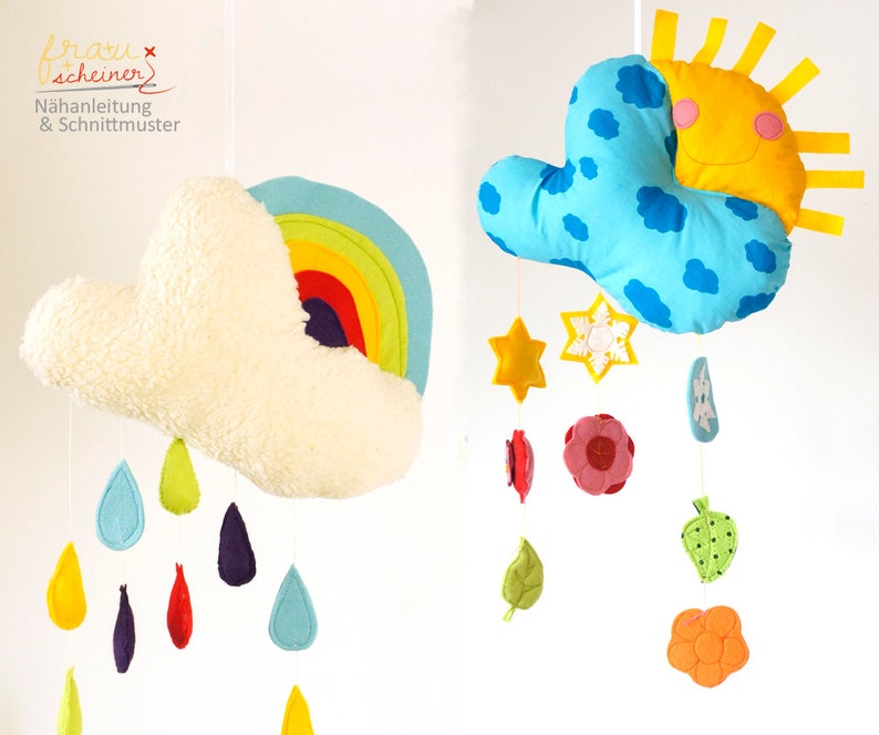 Spieluhr und Mobile Wolke mit Regenbogen, Regentropfen, Sternen, Blumen und Schneeflocken, Babyausstattung, Schnittmuster und Nähanleitung afbeelding 1