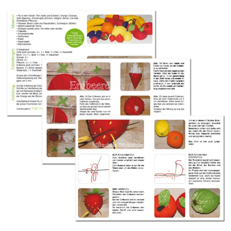 Filz Obst Banane, Apfel, Orange, Zitrone, Erdbeere, Pflaume und Birne zum Spielen für Kaufmannsladen, Nähanleitung und Schnittmuster PDF Bild 5