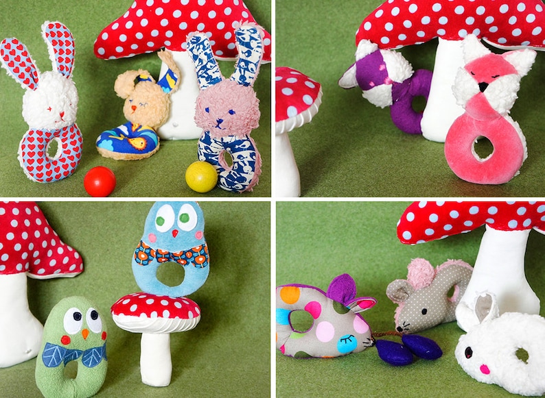 Baby Rassel 4 Designs Hase, Maus, Eule, Fuchs, Säugling Greifling, Schnittmuster und Nähanleitung Bild 1