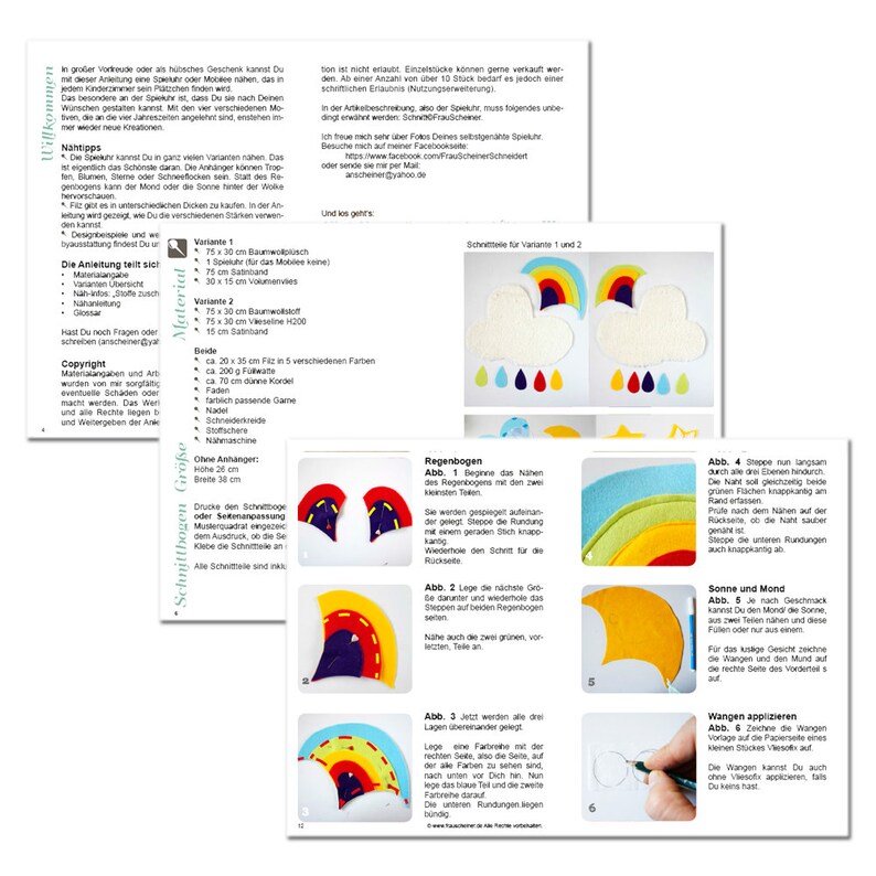 Spieluhr und Mobile Wolke mit Regenbogen, Regentropfen, Sternen, Blumen und Schneeflocken, Babyausstattung, Schnittmuster und Nähanleitung Bild 8