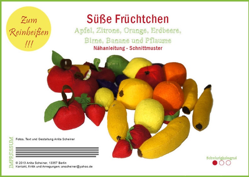 Filz Obst Banane, Apfel, Orange, Zitrone, Erdbeere, Pflaume und Birne zum Spielen für Kaufmannsladen, Nähanleitung und Schnittmuster PDF Bild 6