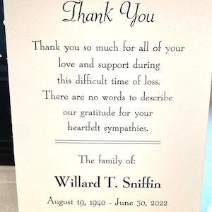 Personalized Memorial Service Funeral 25 Thank You Cards - Custom set of note cards with return address on envelope flap. FREE SHIPPING