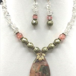 Gemstone necklace, Unakite Pendant necklace, Clear quartz necklace, statement necklace, best selling necklace, Necklace and earrings set