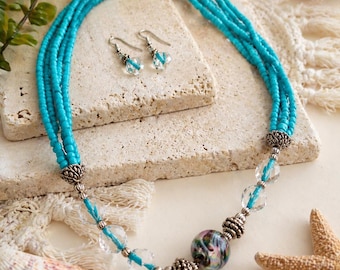 Teal Seed Bead Necklace and Earring Set, Coastal Jewelry Set, Turquoise Beaded Necklace, Beachy Boho Jewelry, Handmade Statement Necklace