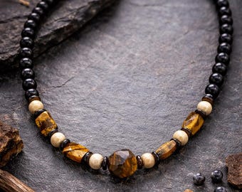 Tiger Eye and Onyx Necklace for Men, Black Beaded Necklace, Mens Gemstone Necklace, Brown Gold Tiger Eye Jewelry, Gift for Him