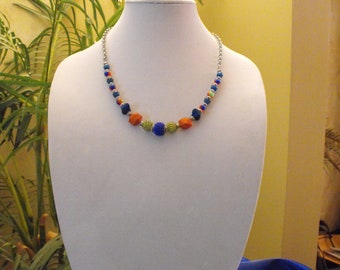 OOAK Blue/orange/green necklace w/earrings Necklace set one of a kind, gift for her, Boho hippie