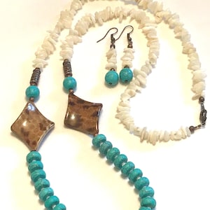 Boho Hippie Necklace,  Turquoise Necklace, Mother of Pearl, Gemstone Necklace, Necklace and Earring set, Turquoise Necklace set, summer set