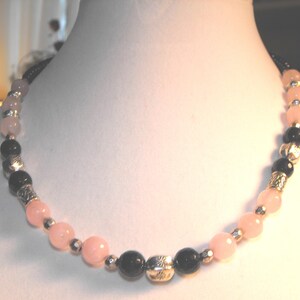 OOAK, Rose Quartz and Onyx Statement Necklace, Calming, Faceted, Necklace and Earring Set with Silver spacers, Gemstone necklace, chunky