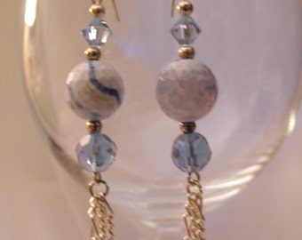 Periwinkle blue fire agate stones with Swarovski bicone AB crystals, Swarovski AB rondelle crystals and silver chains dangle earrings