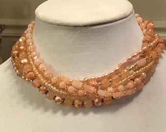Multistrand peach necklace,Jade necklace,Pearl necklace,Shell necklace,Statement necklace,Best selling necklace,Most popular,Custom necklace