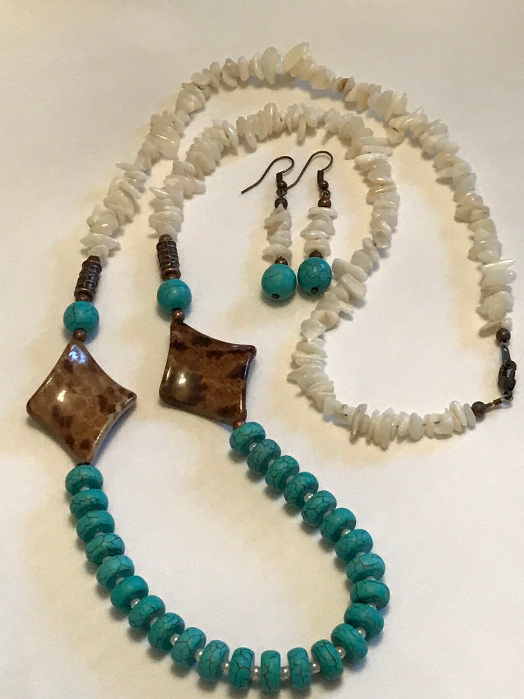 Boho Hippie Necklace, Turquoise Necklace, Mother of Pearl Necklace