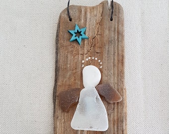 Guardian angel made of Seaglass on driftwood