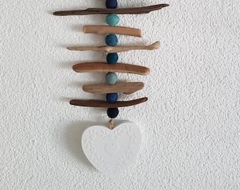 Driftwood - wind chime ~ white heart and blue felt balls