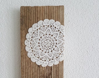 Lace driftwood wall art, crochet lace