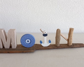 MOIN letters, different shape and material on driftwood