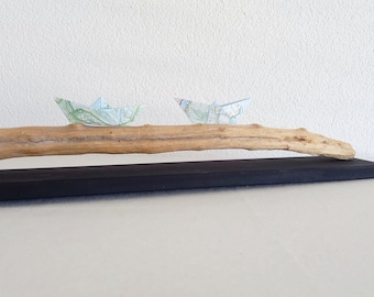 Driftwood Sculpture - Table decoration with paper ship