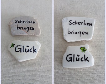 Shards bring luck - ceramic or glass pieces with writing, hand lettering, seaglass, beach find