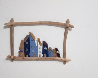 Driftwood houses - maritime in blue white brown in a driftwood frame