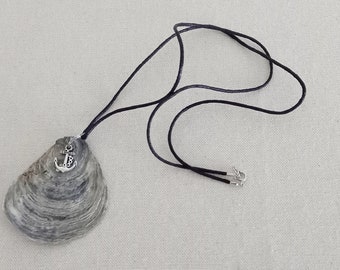 maritime oyster shell with anchor pendant on a waxed cotton cord