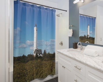 Shower curtain, lighthouse, North Sea, bathroom decoration, bathtub curtain, beach, Blåvandshuk Fyr, home decoration, variant