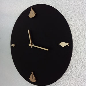 Wall clock dark blue beige with sailboat and fish made of wood in maritime style image 4