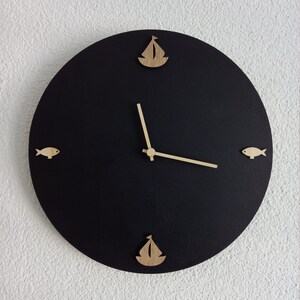 Wall clock dark blue beige with sailboat and fish made of wood in maritime style image 2