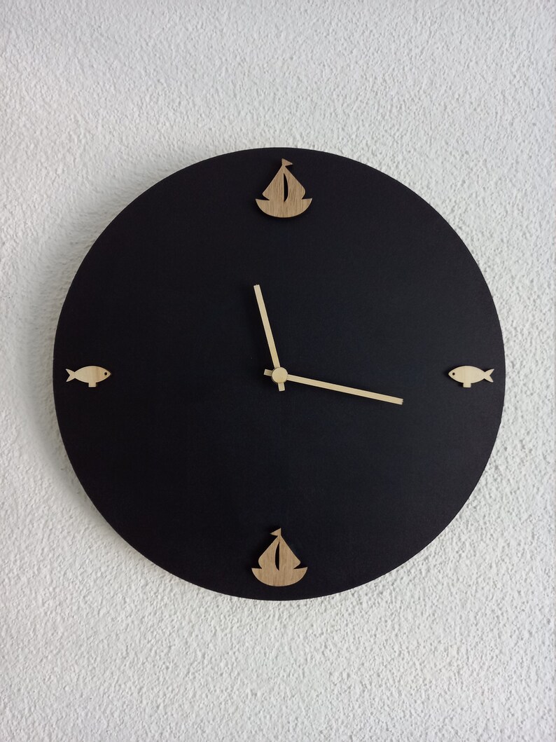 Wall clock dark blue beige with sailboat and fish made of wood in maritime style image 2